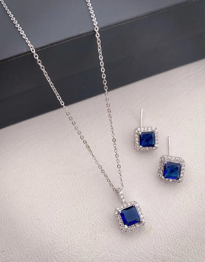American Diamond Square All Colour Silver Plated Delicate Pendant Set - Pendant Set - Belleza Jewels