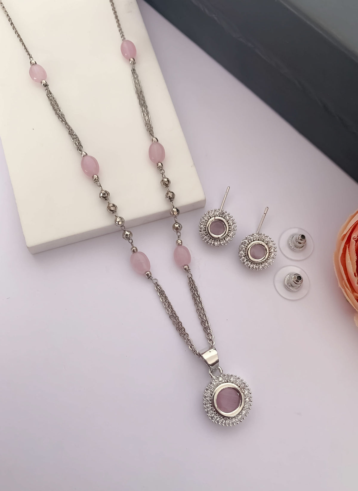American Diamond Silver Pleted Fancy ColourFull Pendant Set - Pendant Set - Belleza Jewels