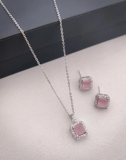 American Diamond Square All Colour Silver Plated Delicate Pendant Set - Pendant Set - Belleza Jewels
