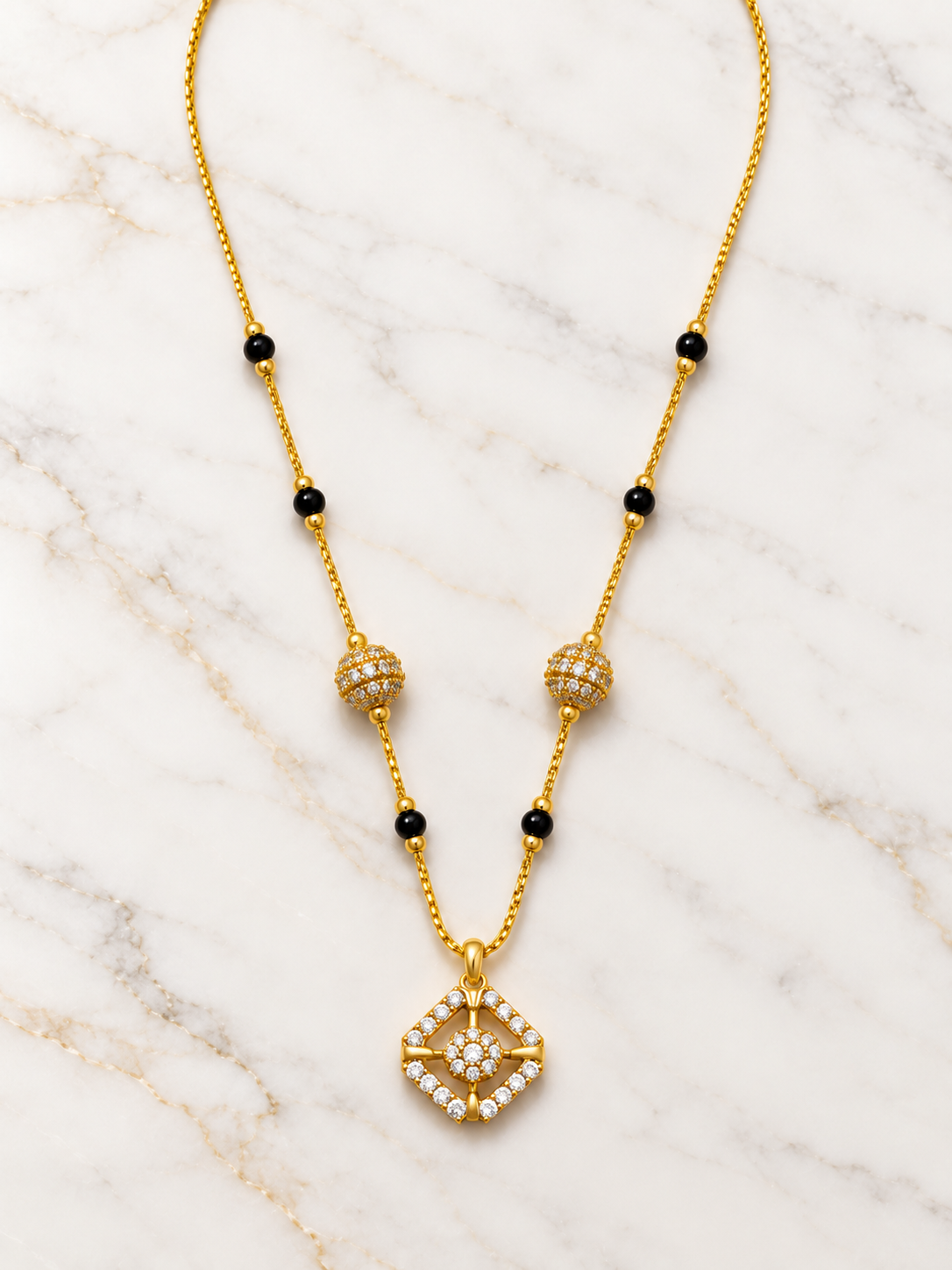 Elegant Geometric AD Pendant Mangalsutra with Black Beads | Gold-Tone Daily Wear