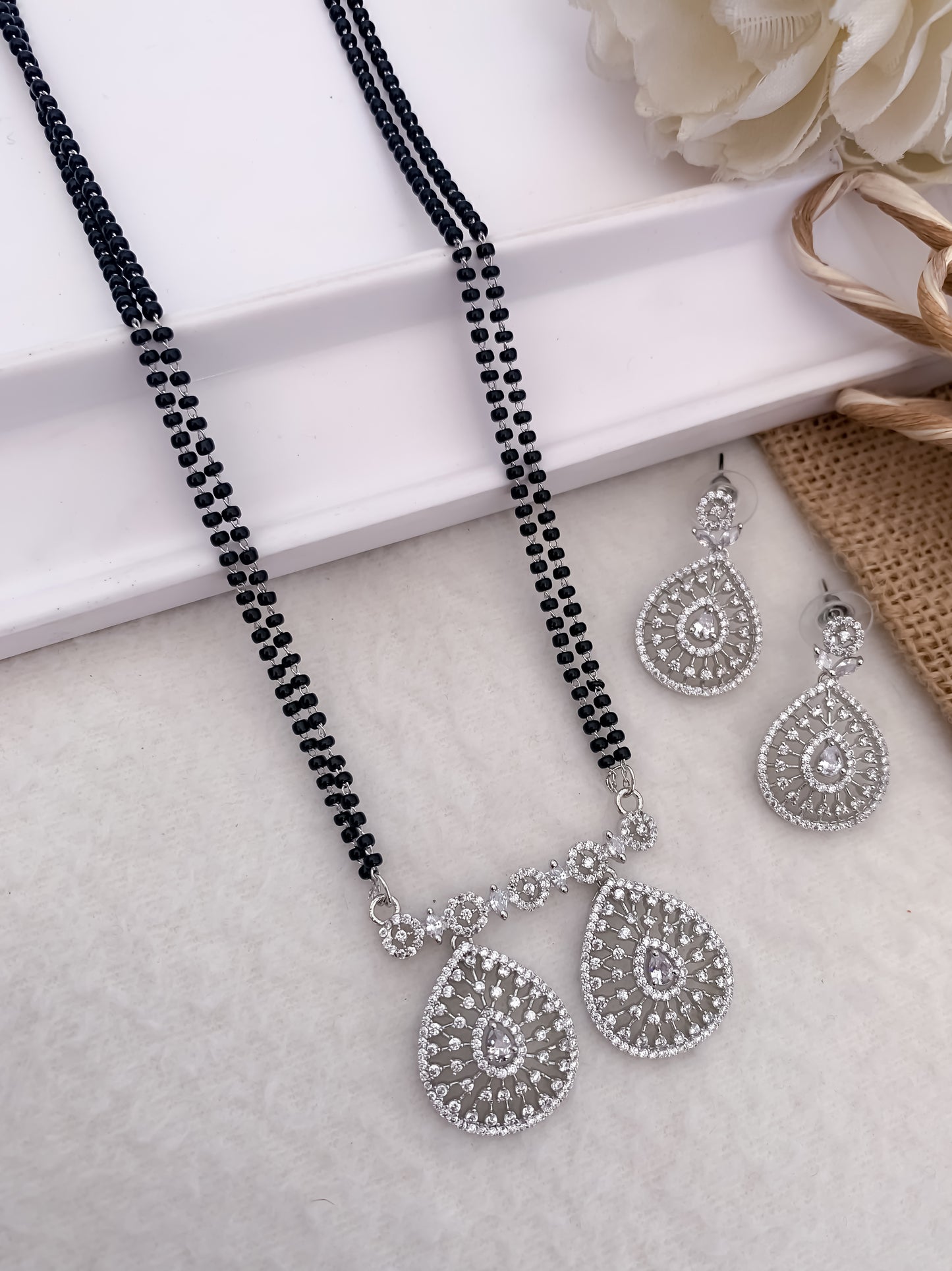 American Diamond Rose Gold And Silver Pleted Black White Ruby Colour Stone Fancy Mala Mangalsutra Belleza Jewels