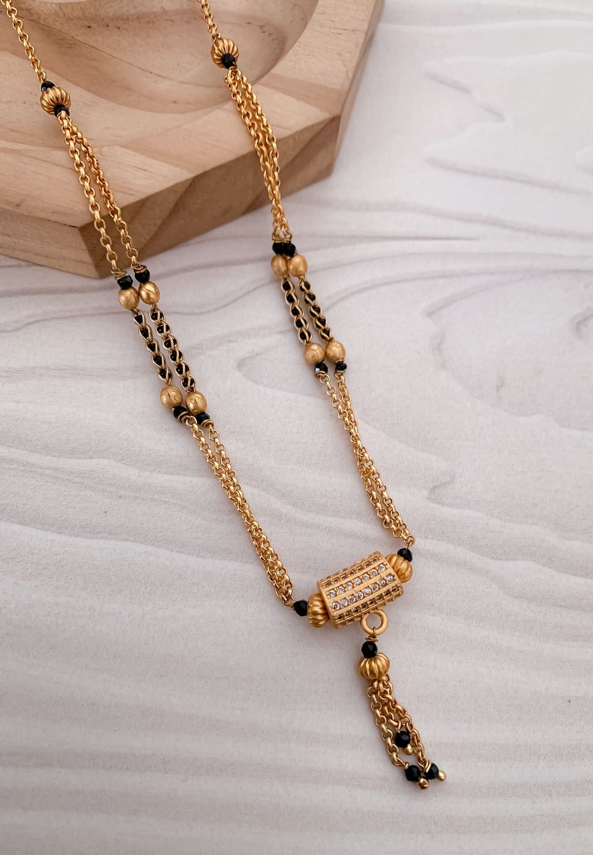 Buy 1 Get 1 Free American Diamond Matt Finished Original Gold Look Hanging fancy Delicate Mangalsutra - Mangalsutra - Belleza Jewels