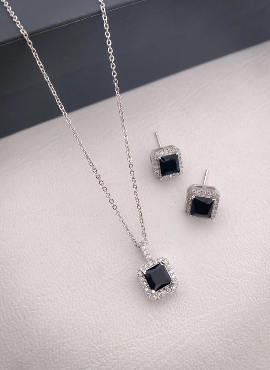 American Diamond Square All Colour Silver Plated Delicate Pendant Set - Belleza Jewels