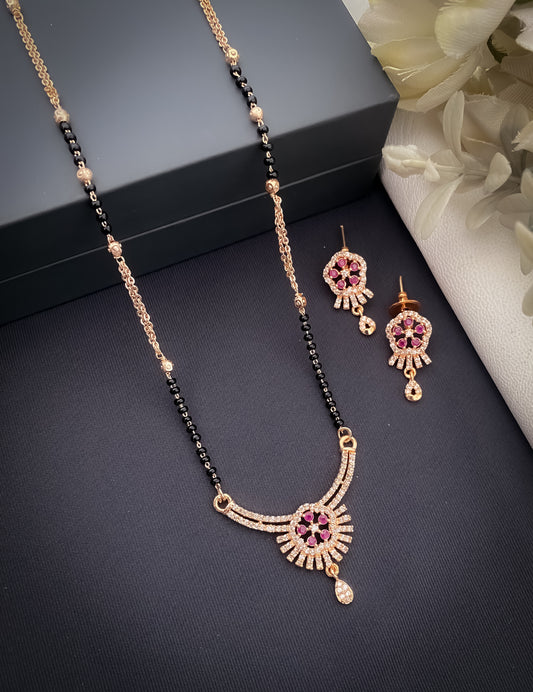 American Diamond Rose Gold Plated Fancy Chain Mangalsutra - Belleza Jewels