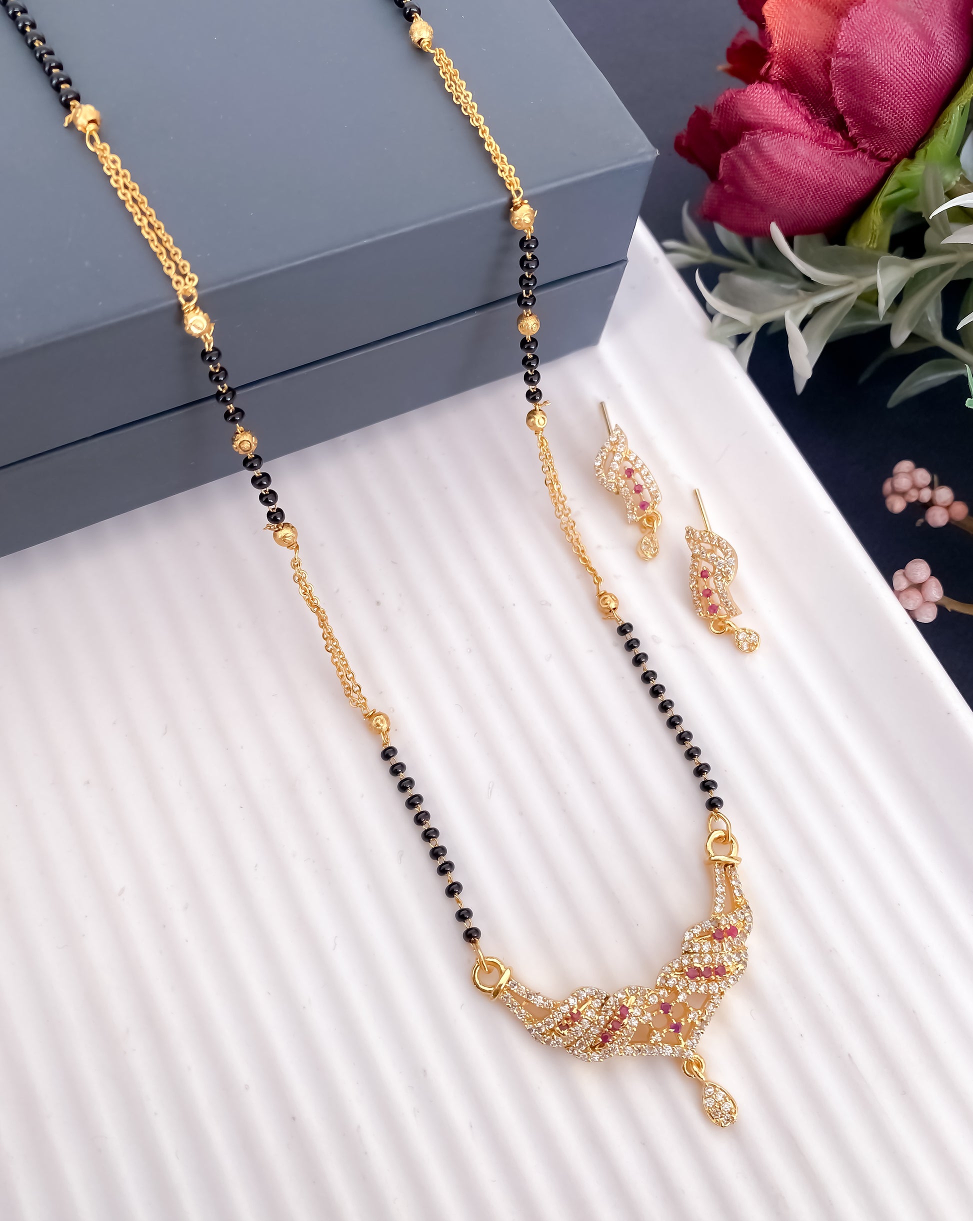 American Diamond Silver Rose Gold And Golden Pleted Fancy Chain Royal Mangalsutra Belleza Jewels