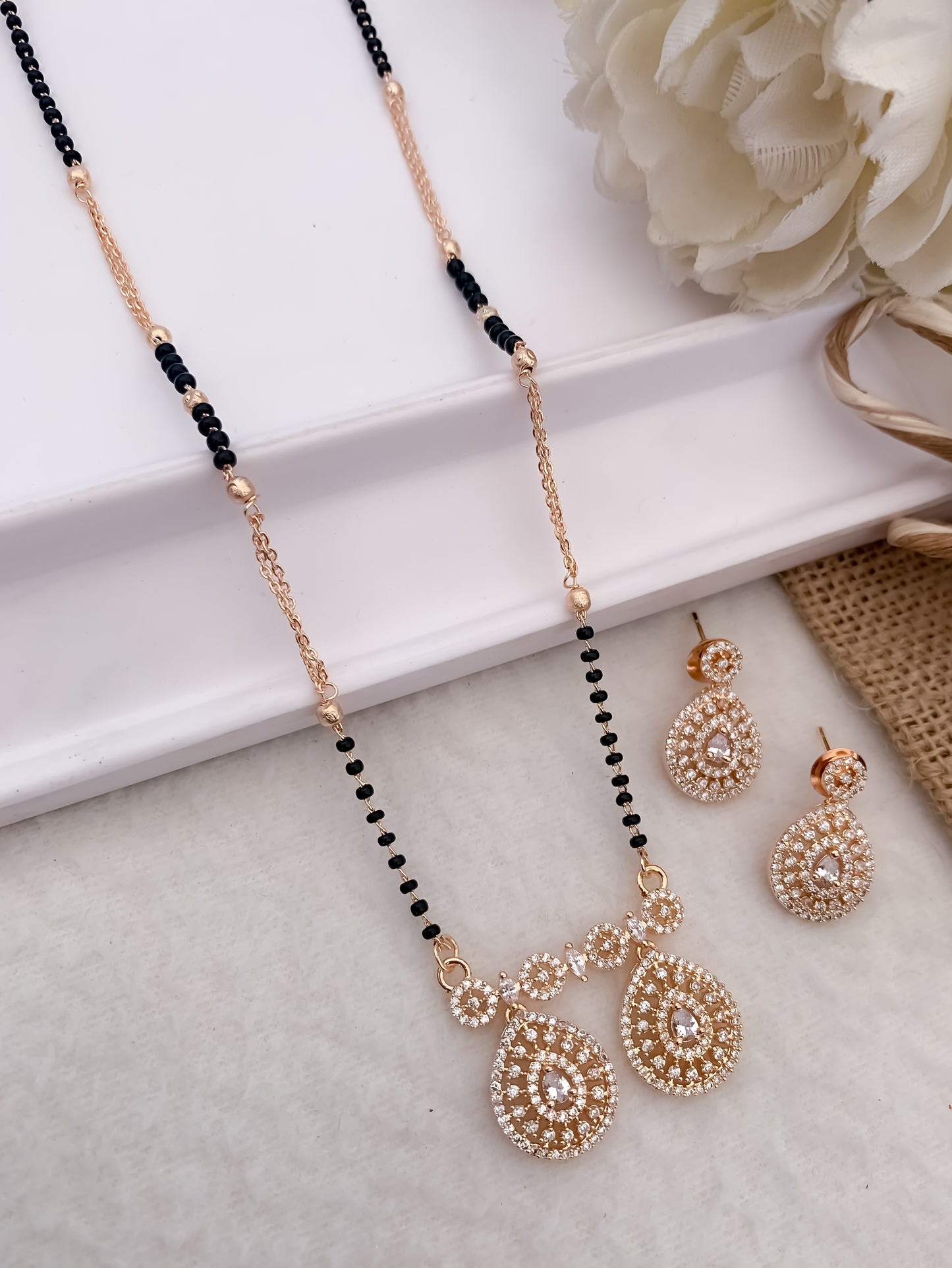 American Diamond Rose Gold Golden Silver Fancy Chain Mangalsutra 20” Belleza Jewels