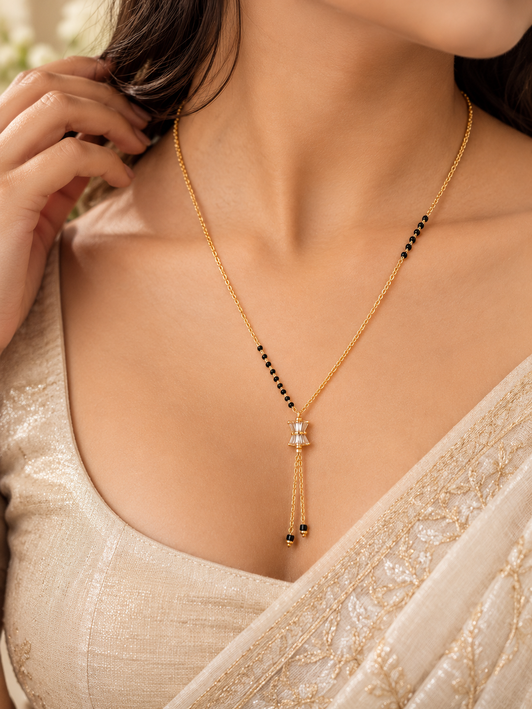 Bow Tassel Black Bead Mangalsutra with Crystal Detail