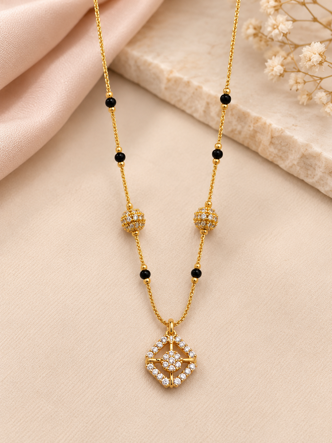 Elegant Geometric AD Pendant Mangalsutra with Black Beads | Gold-Tone Daily Wear