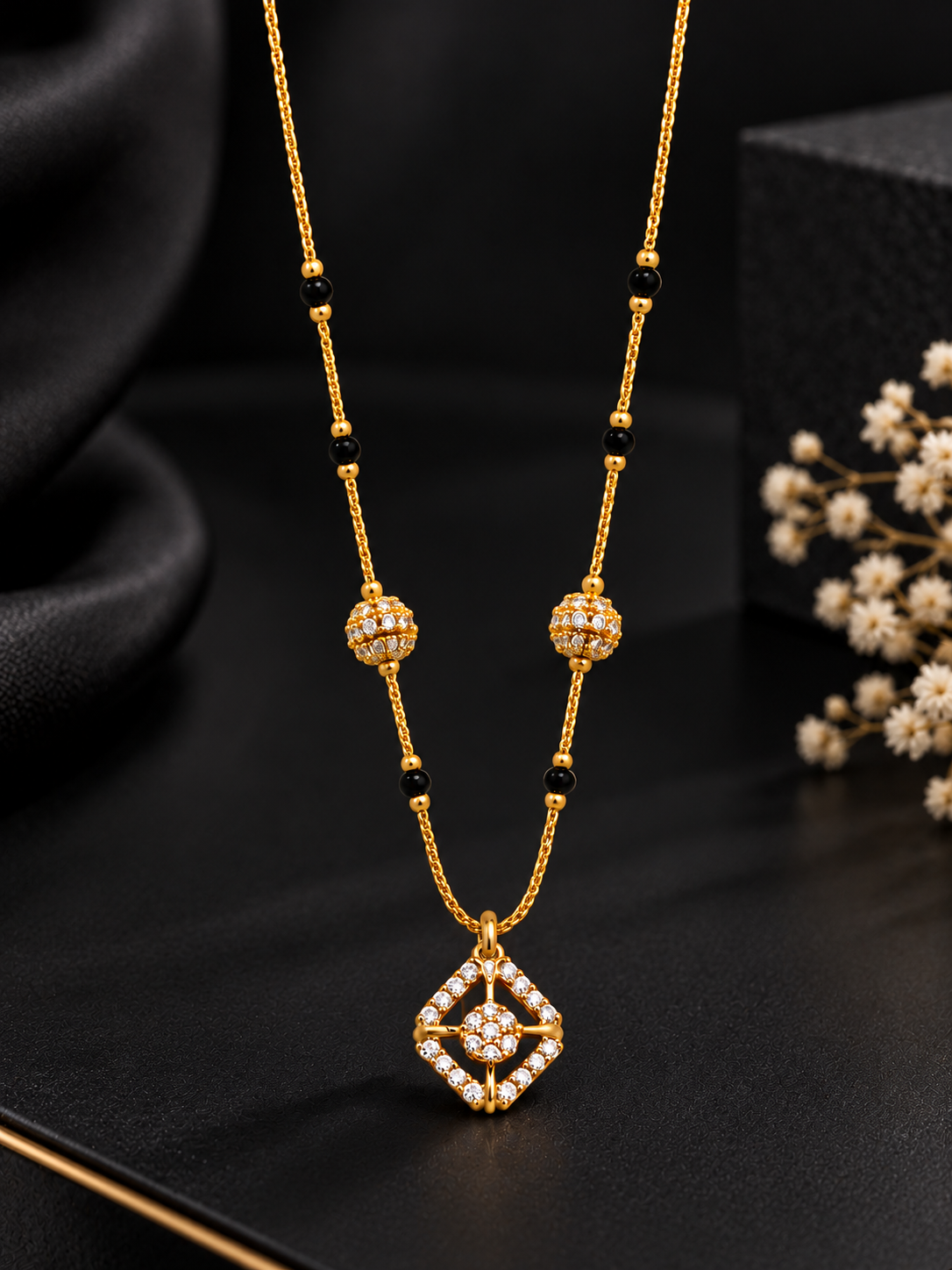 Elegant Geometric AD Pendant Mangalsutra with Black Beads | Gold-Tone Daily Wear