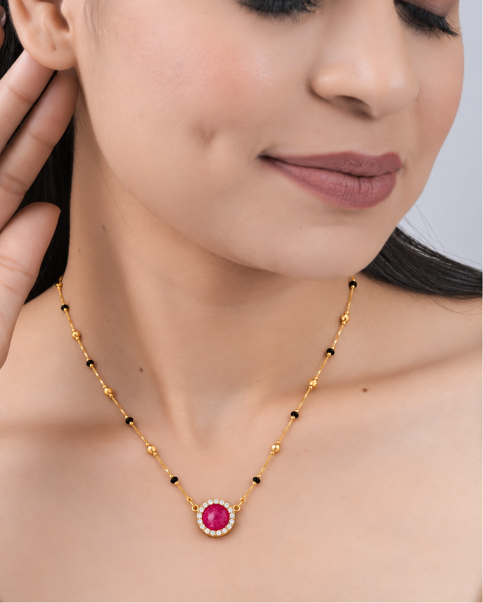 Ruby Halo Black Bead Mangalsutra with Round Statement Pendant