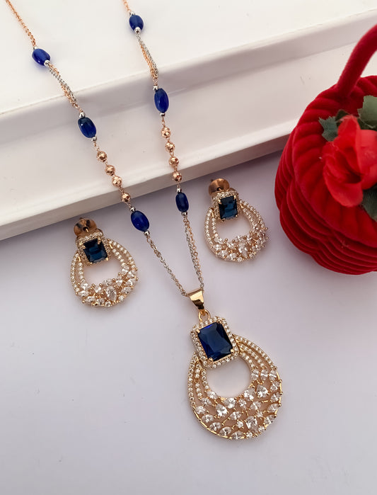 American diamond blue stone Fancy Rose Gold pendant set