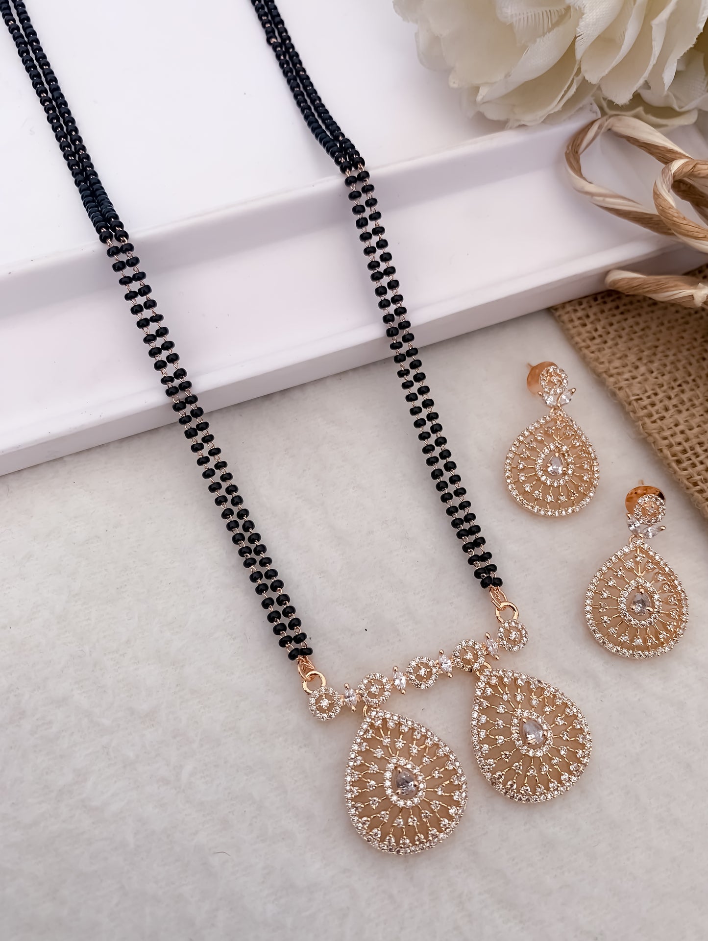 American Diamond Rose Gold And Silver Pleted Black White Ruby Colour Stone Fancy Mala Mangalsutra Belleza Jewels