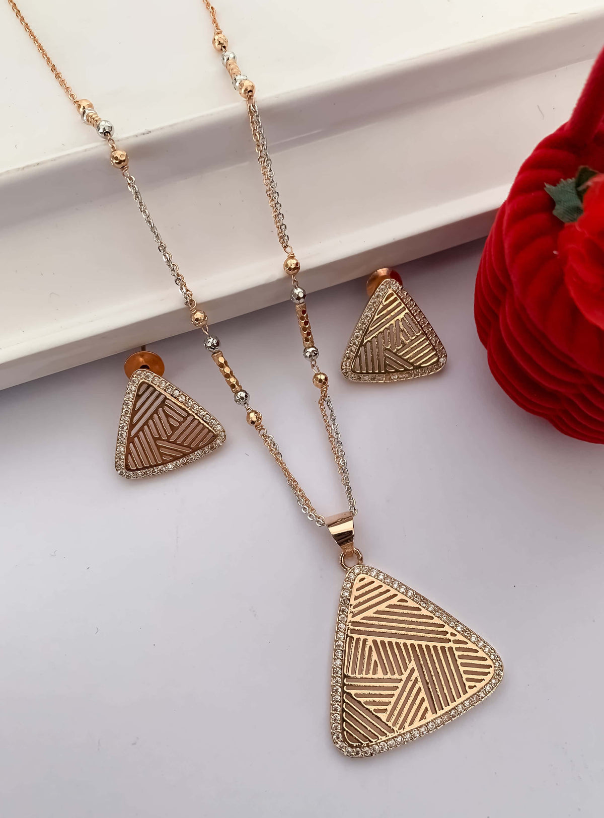 American Diamond Fancy Chain Rose Gold Pendant Set - Pendant Set - Belleza Jewels