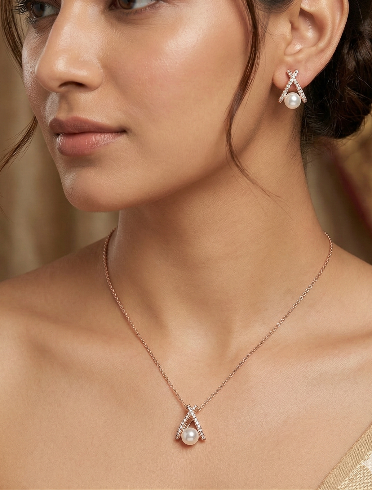 Rose Gold Pearl Sparkle Pendant Set with Earrings - Pendant Set - Belleza Jewels