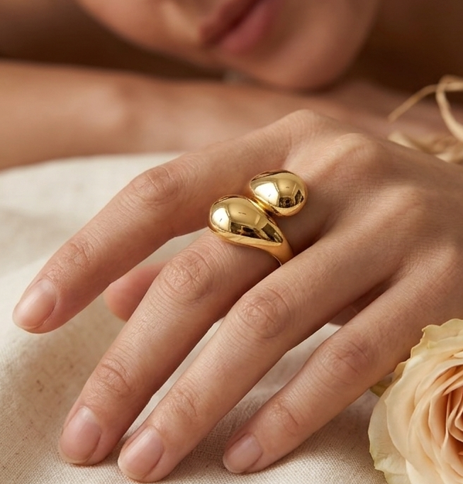 Modern Dual Teardrop Gold Adjustable Ring