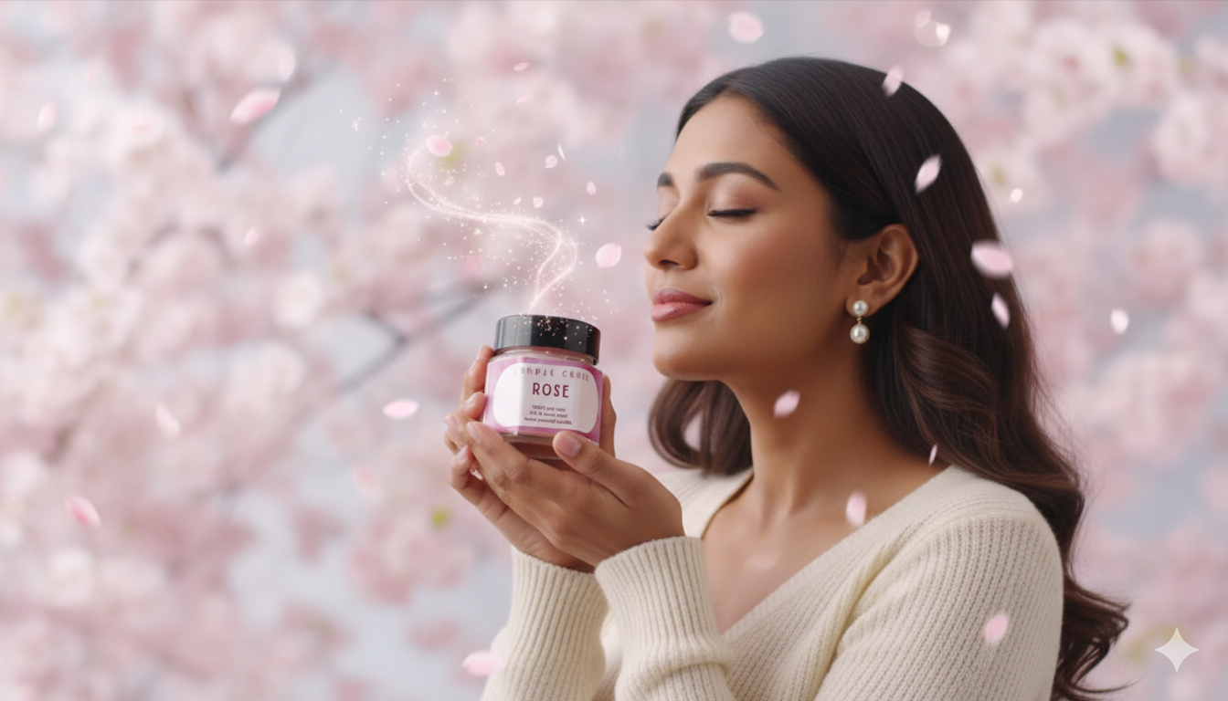 Woman holding a jar of 'Rose' scented with a soft, blurred background