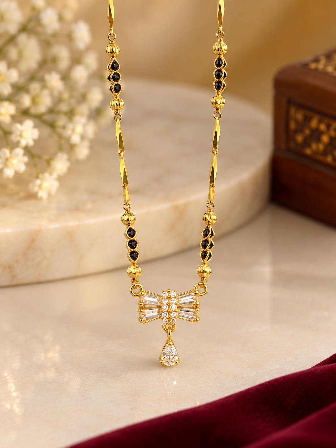 Elegant Black Beads Bow Pendant Necklace for Women | Daily & Festive Wear