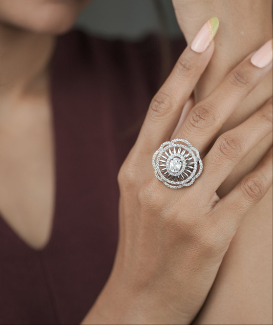 American Diamond Silver Plated Fancy Adjustable Ring