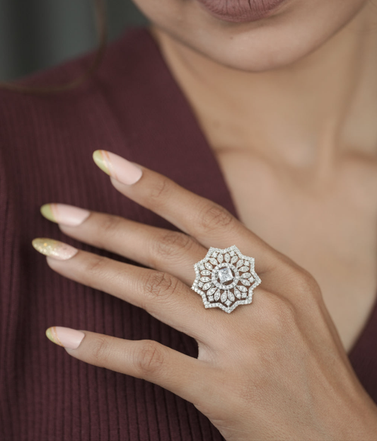American Diamond Silver Plated Adjustable Ring