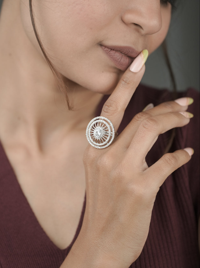 American Diamond Silver Fancy Adjustable Ring - finger ring - Belleza Jewels