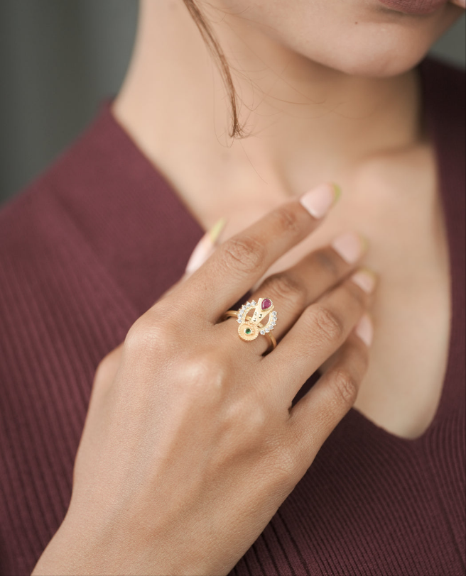 American Diamond Gold Delicate Fancy Adjustable Ring - finger ring - Belleza Jewels