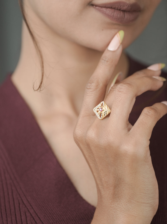 American Diamond Gold Fancy Adjustable Ring - finger ring - Belleza Jewels