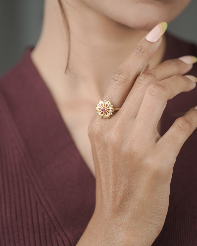 American Diamond Gold Ruby Fancy Adjustable Ring - finger ring - Belleza Jewels