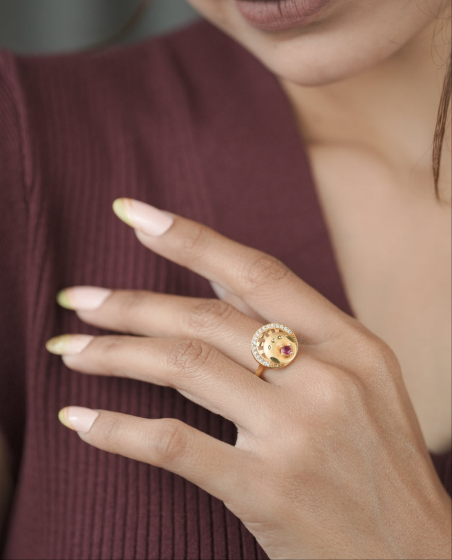 American Diamond Gold Fancy Adjustable Ring - finger ring - Belleza Jewels