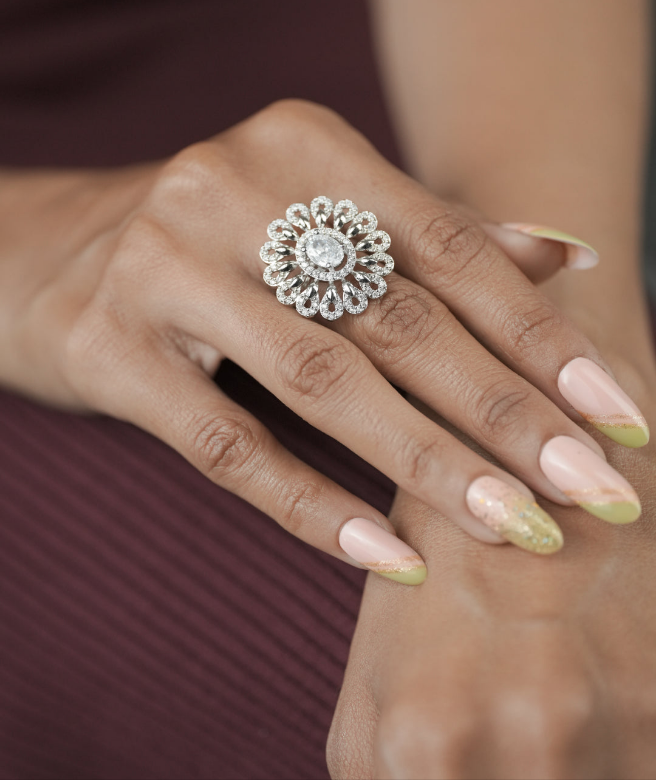 American Diamond Fancy Silver Plated Adjustable Ring - finger ring - Belleza Jewels