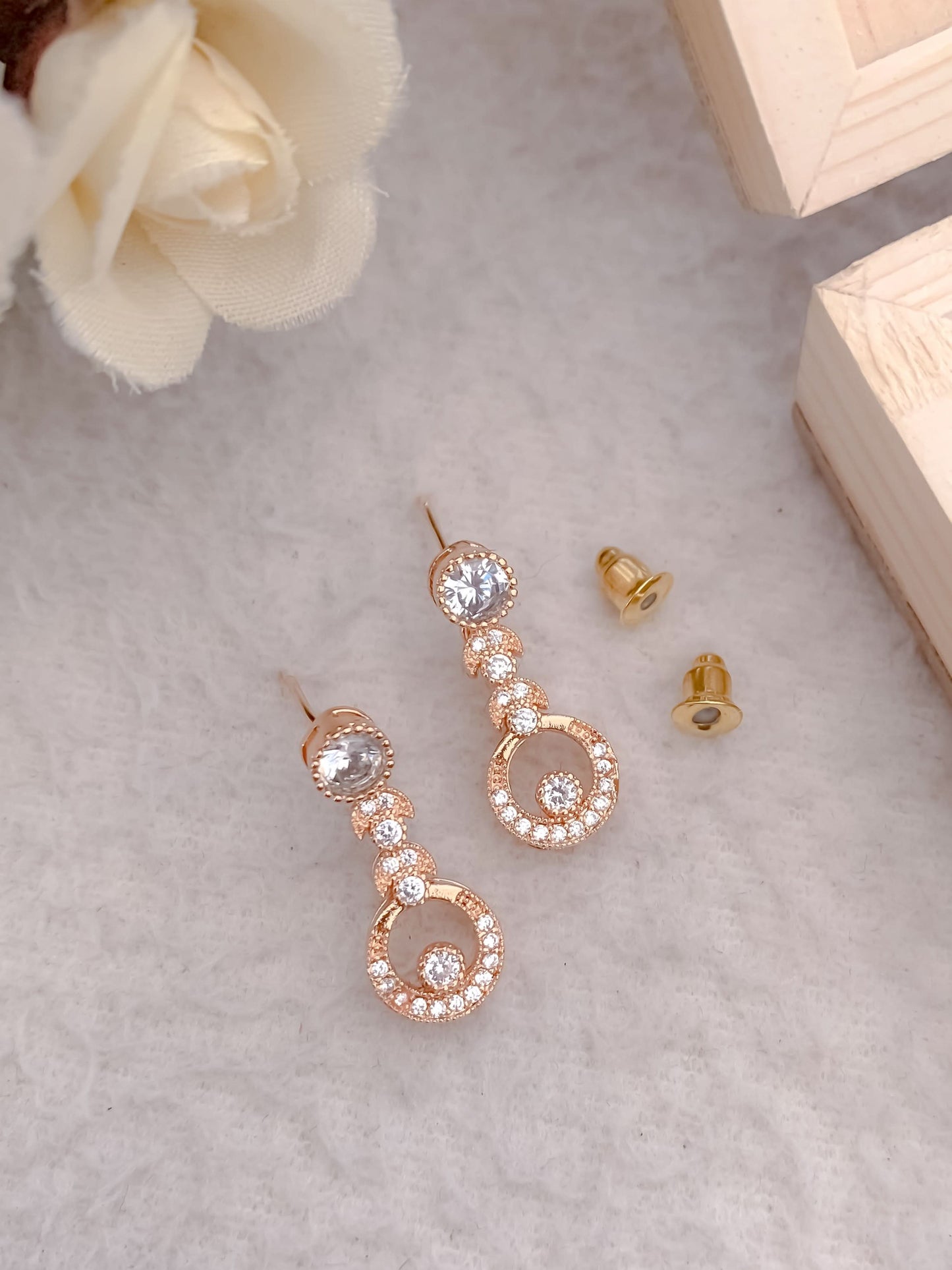 BUY 1 GET 1 FREE -American Diamond Rose Gold Plated Hanging Fancy Delicate Earrings
