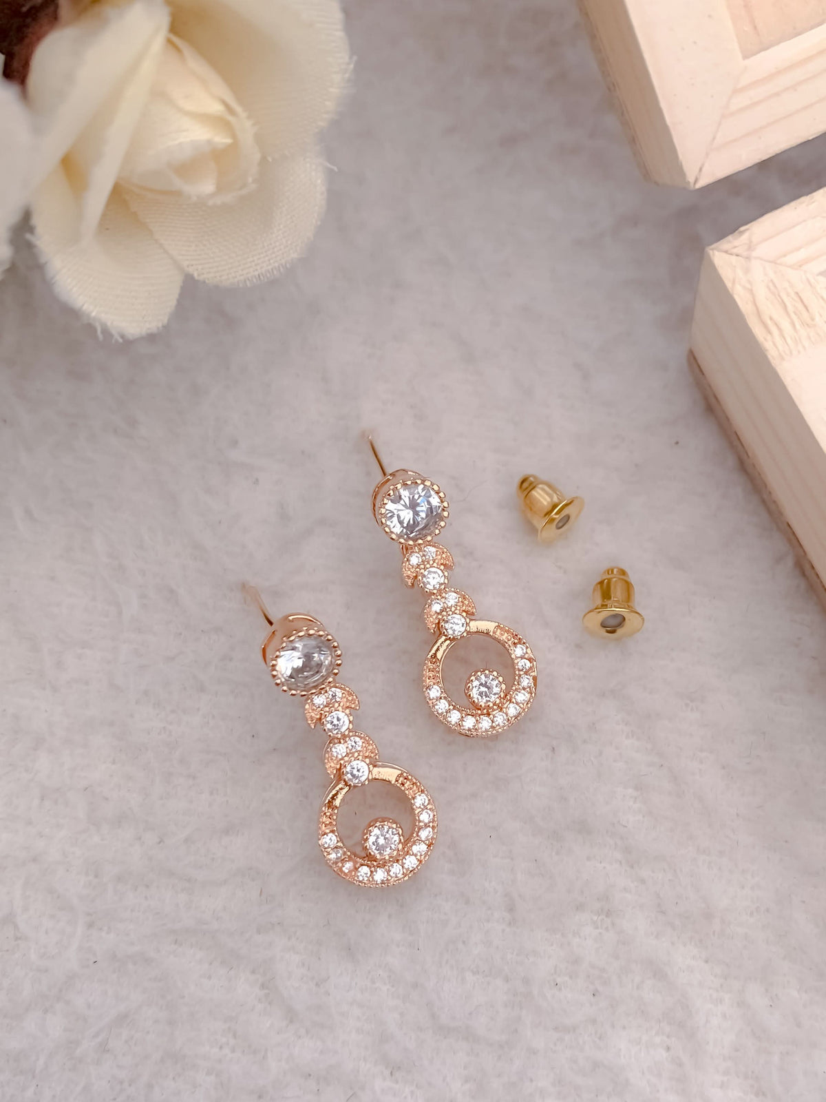 Buy 1 Get 1 Free -American Diamond Rose Gold Plated Hanging Fancy Delicate Earrings - Earrings - Belleza Jewels
