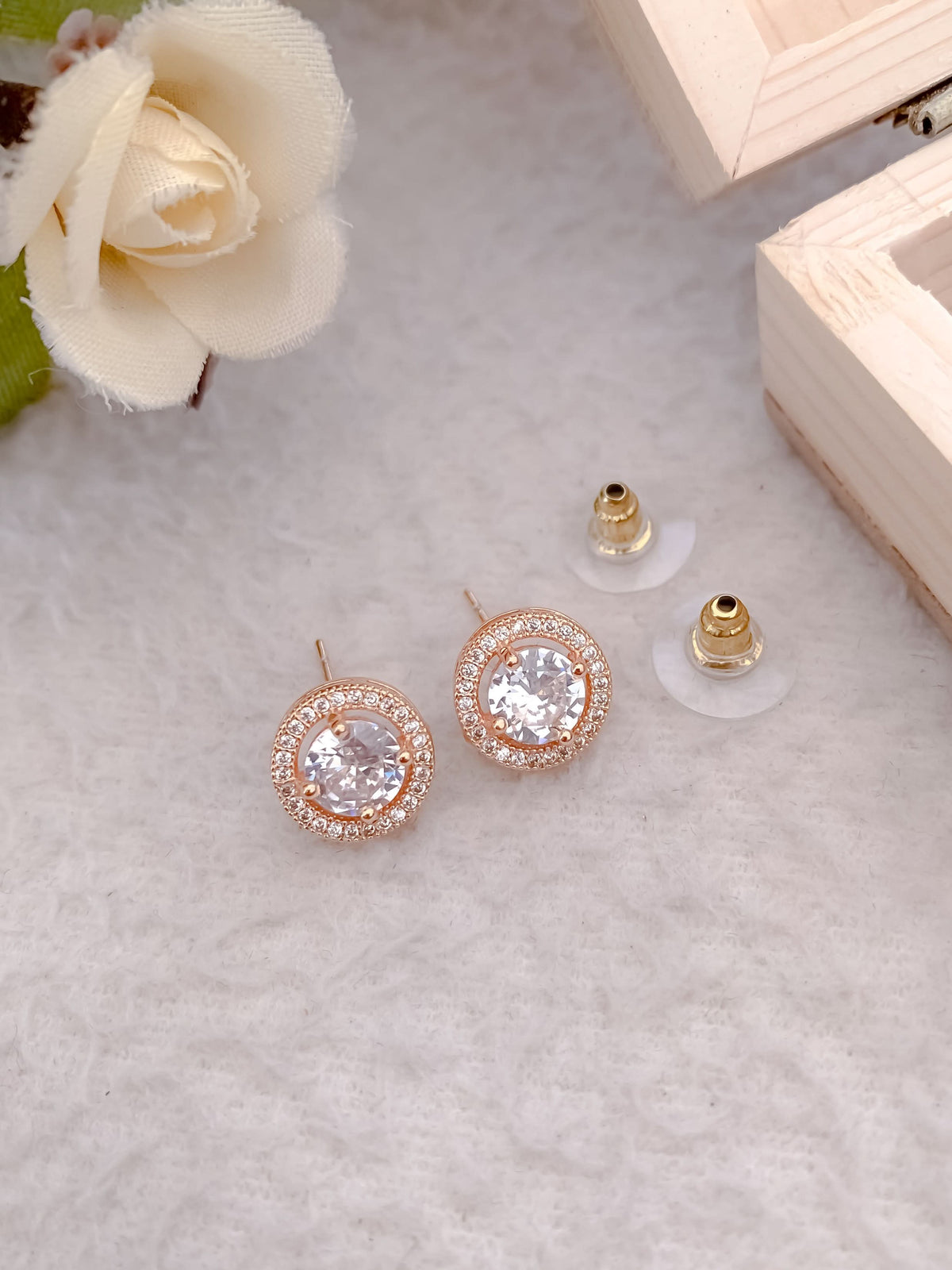 Buy 1 Get 1 Free-American Diamond Rose Gold Round Shape Fancy Earrings - Earrings - Belleza Jewels