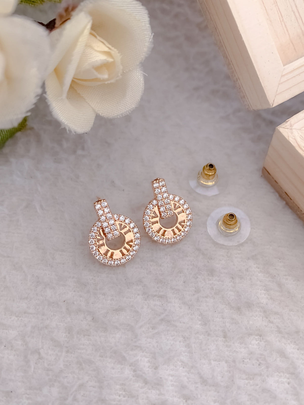 Buy 1 Get 1 Free -American Diamond Rose Gold Delicate Fancy Delicate Earrings - Earrings - Belleza Jewels