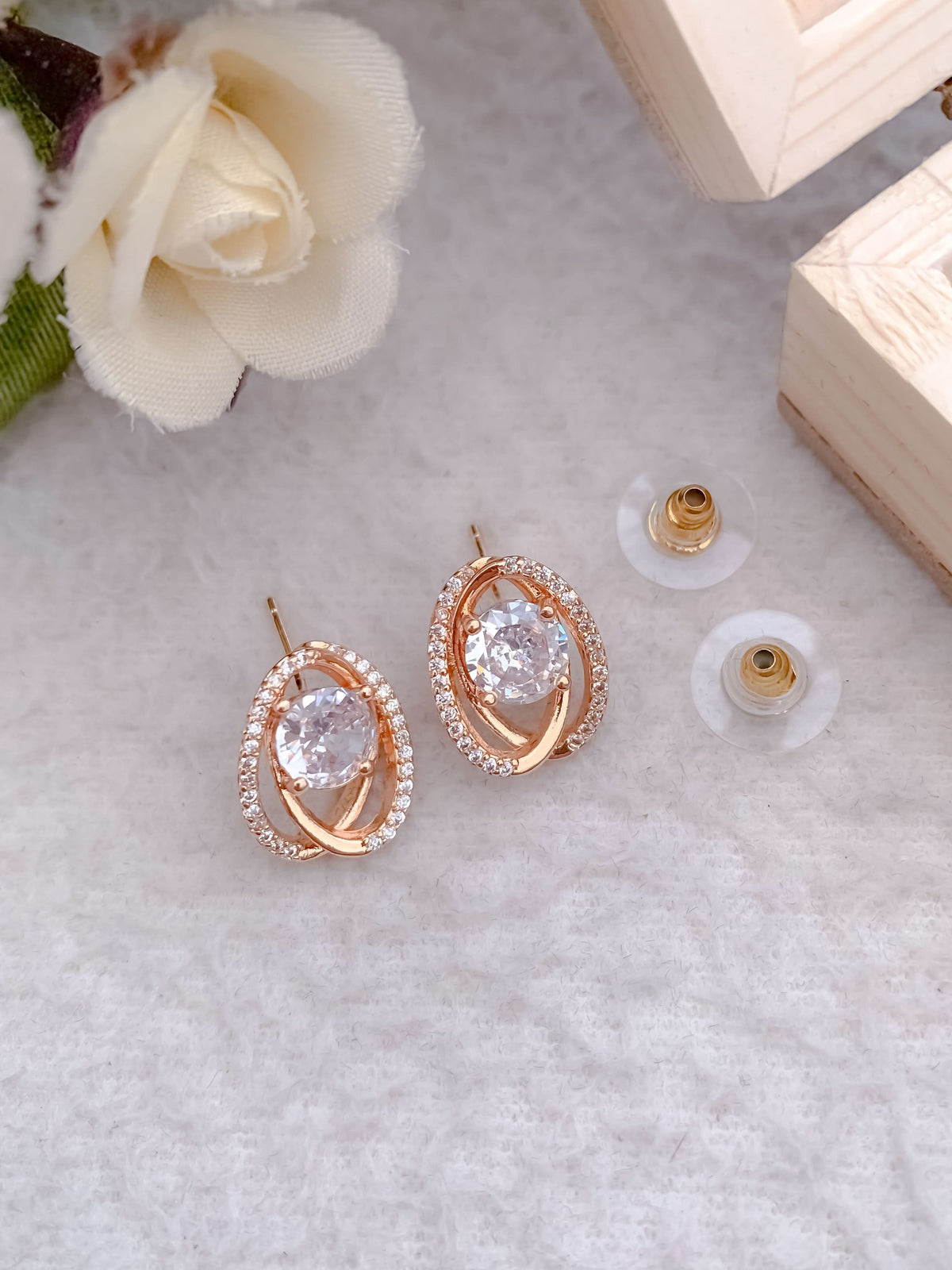 Buy 1 Get 1 Free -American Diamond Rose Gold Delicate Fancy Earrings - Earrings - Belleza Jewels