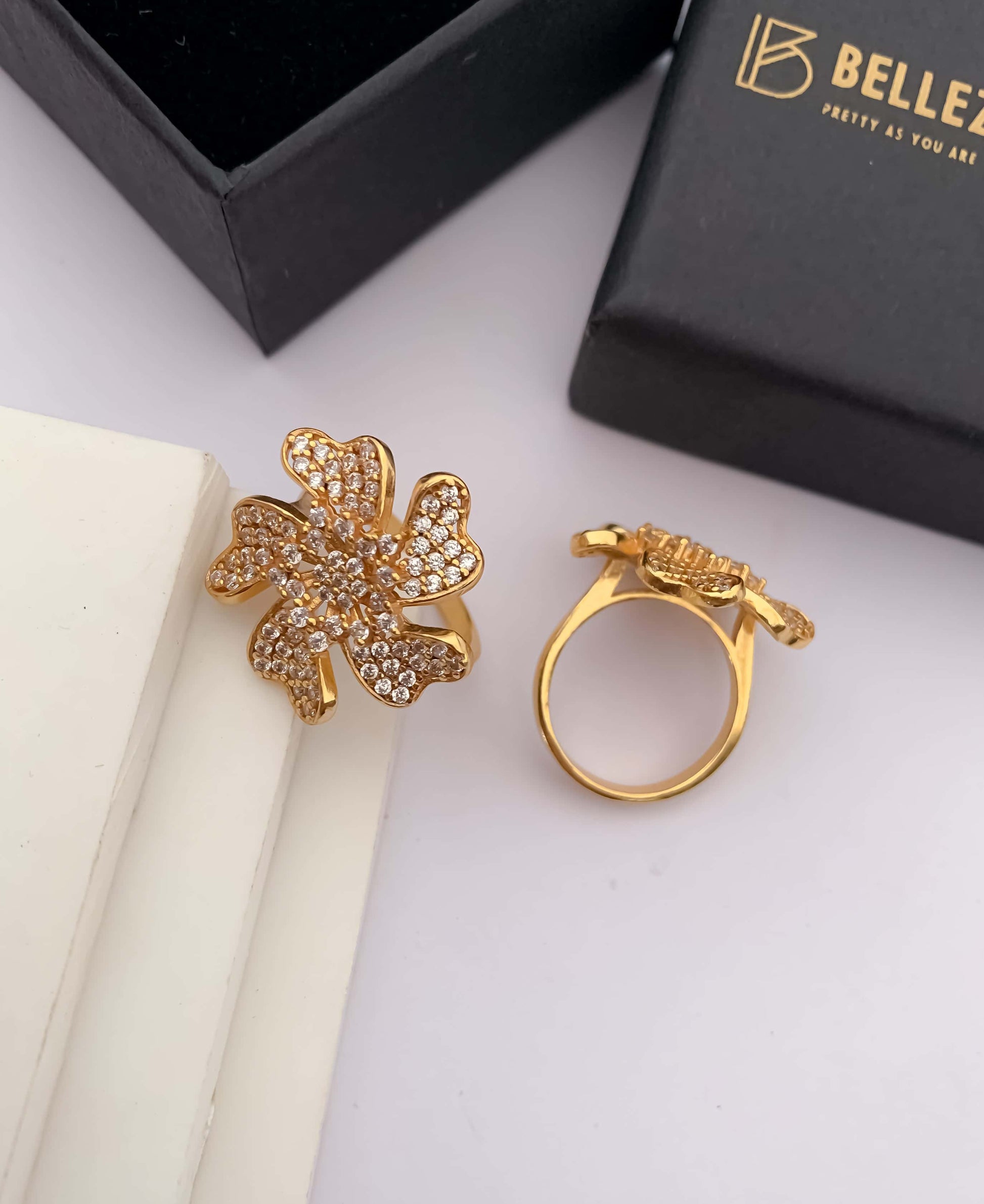 American Diamond High gold Plated flower shape Big fancy ring. - finger ring - Belleza Jewels