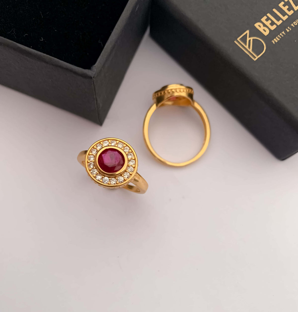 American Diamond high gold round shape ruby color ring. - finger ring - Belleza Jewels