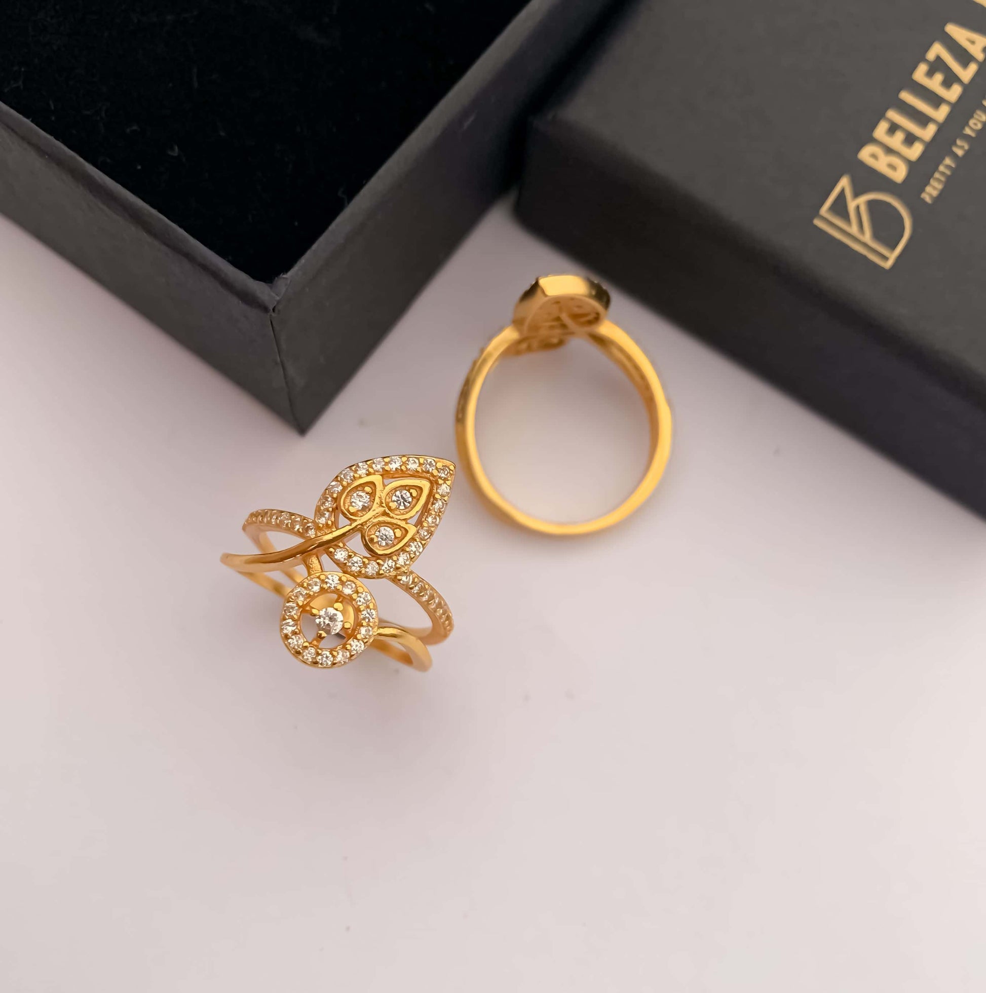 American Diamond high gold leaves &round shape fancy ring . - finger ring - Belleza Jewels