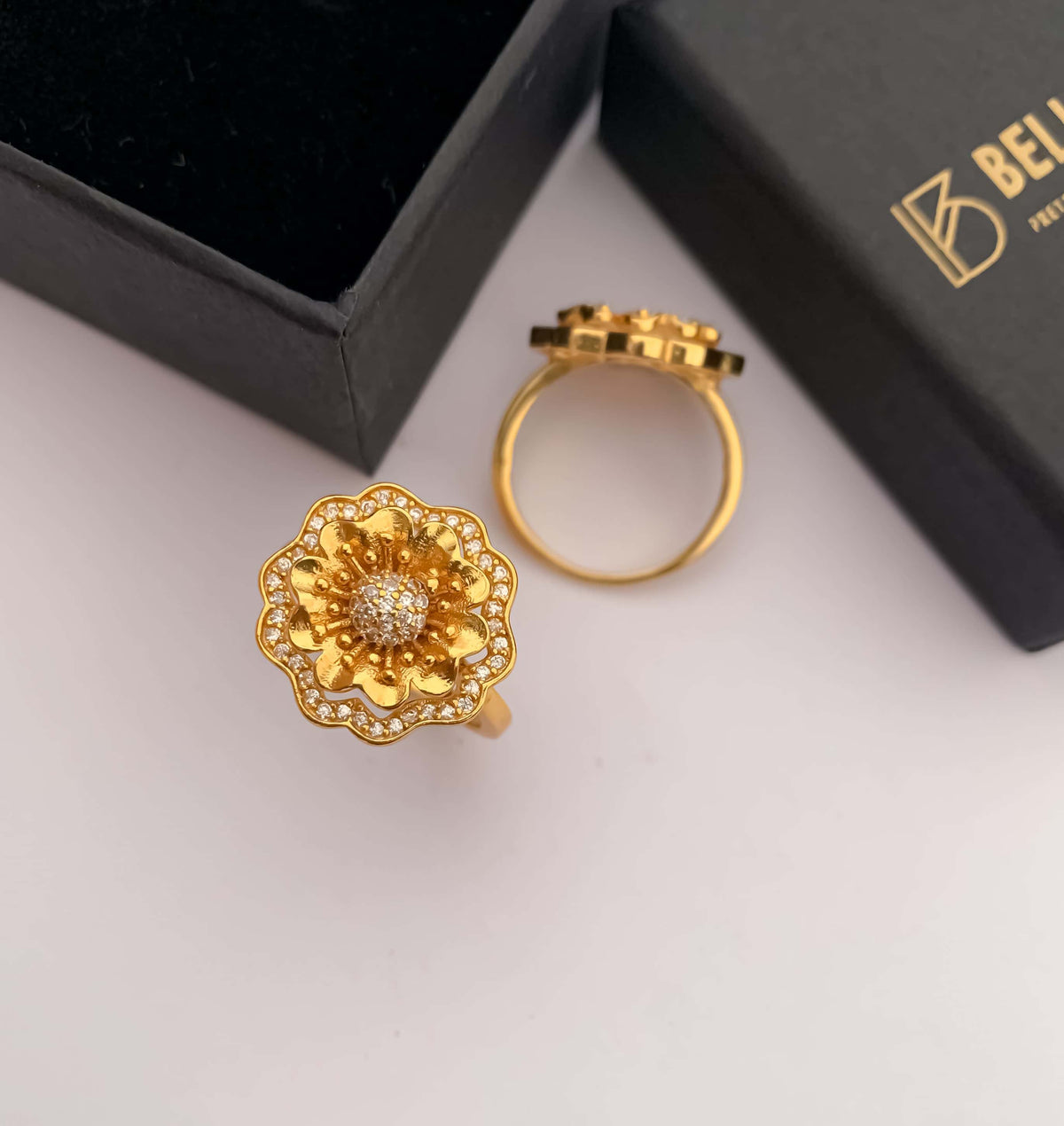 American Diamond High gold Flower shape delicate ring - finger ring - Belleza Jewels