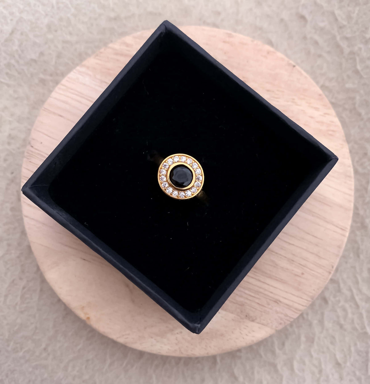 American Diamond High gold round black delicate ring - finger ring - Belleza Jewels