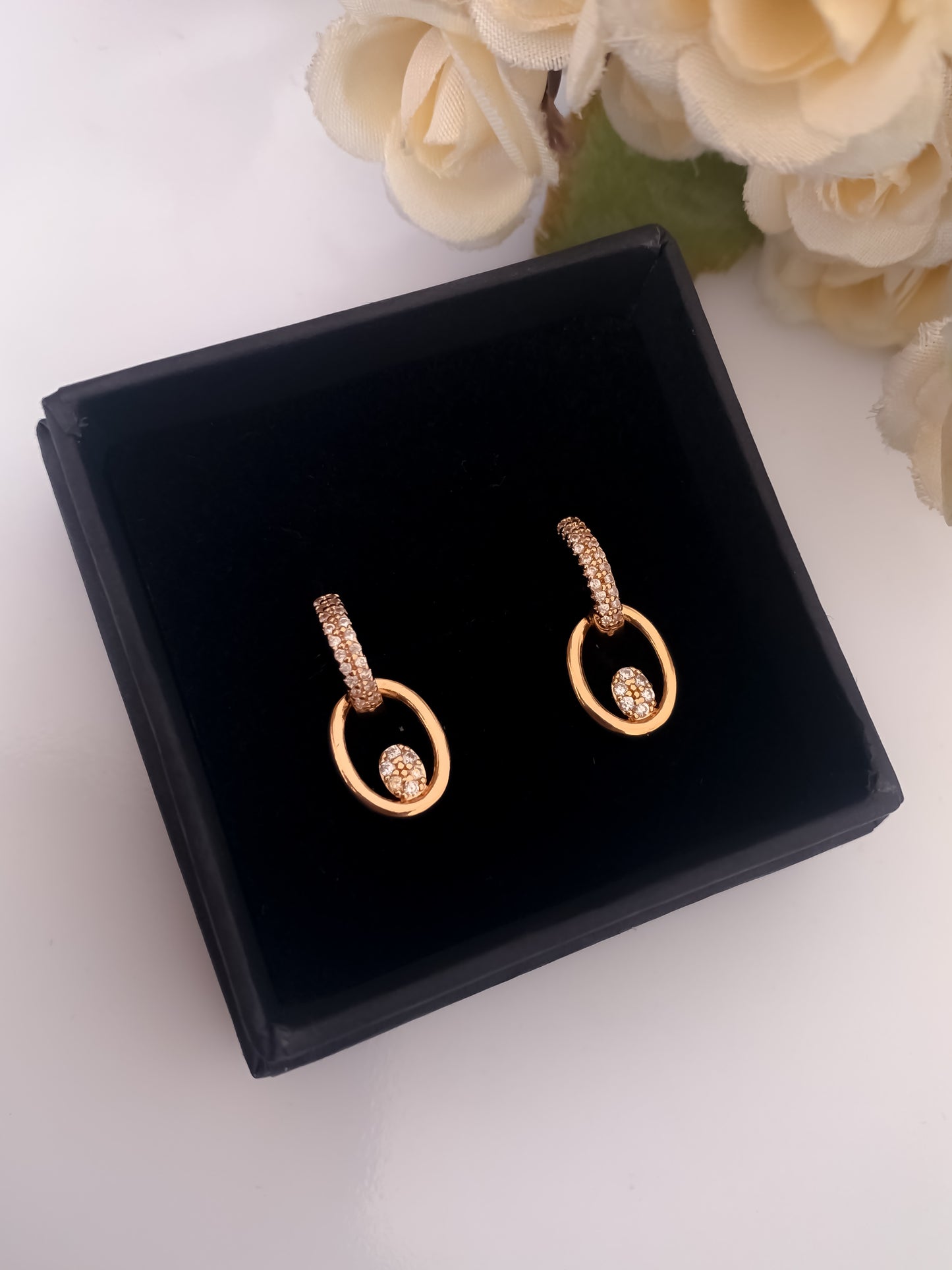 BUY 1 GET 1 FREE -American Diamond Rose Gold Hanging Earrings Bali - BALI - Belleza Jewels