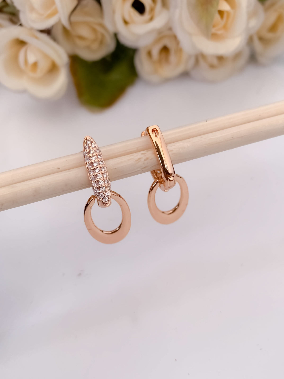 BUY 1 GET 1 FREE -American Diamond Rose Gold Plated Hanging Fancy Bali - BALI - Belleza Jewels