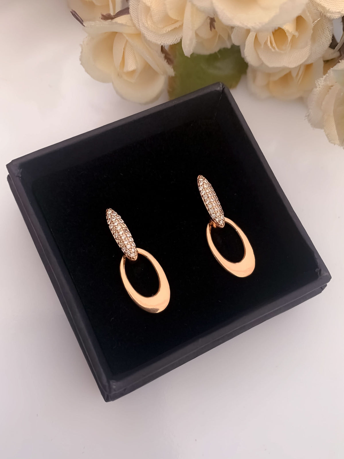 BUY 1 GET 1 FREE -American Diamond Rose Gold Plated Hanging Fancy Bali - BALI - Belleza Jewels