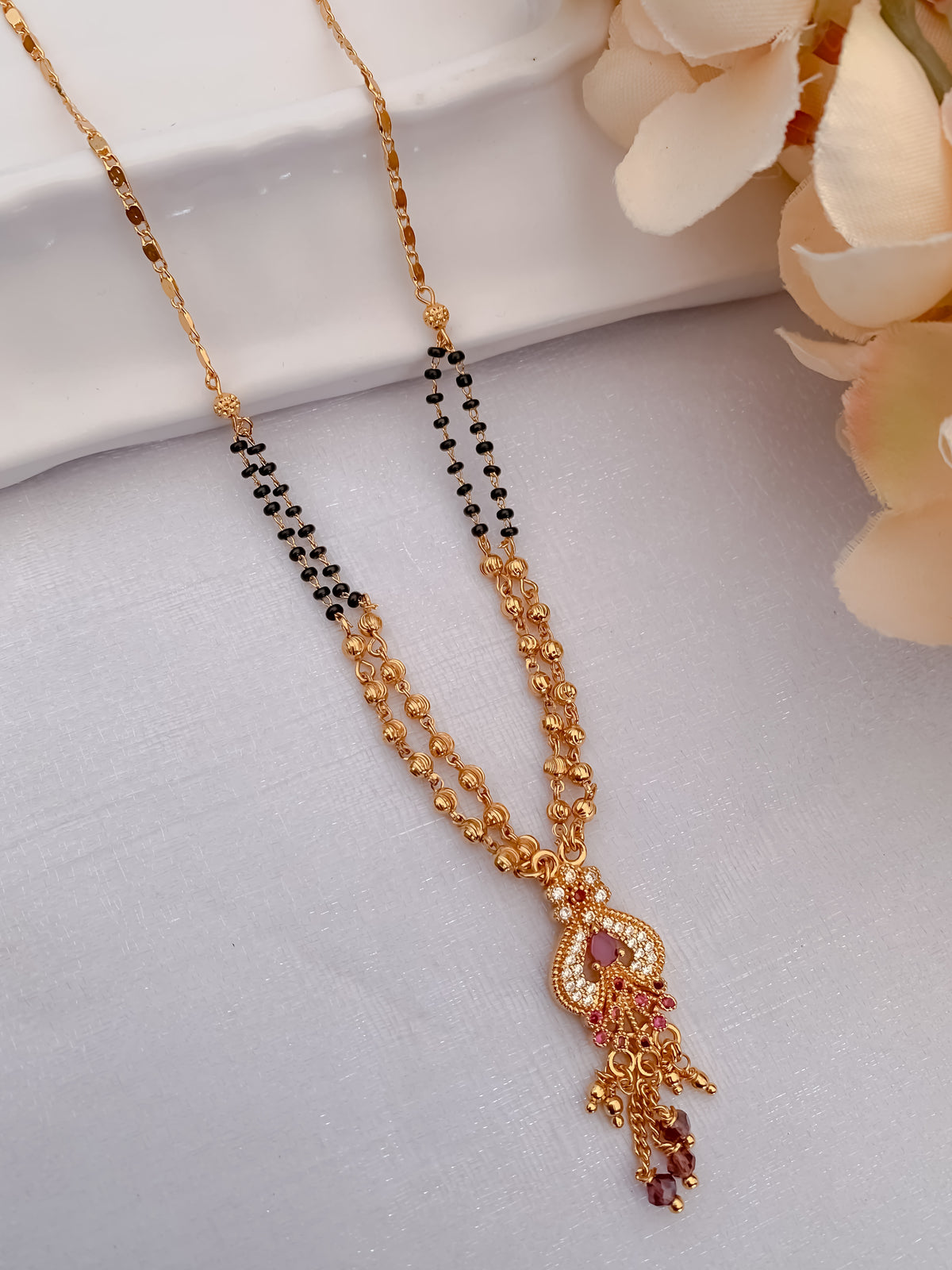 Buy 1 Get 1 Free - Traditional Dual-Line Black Beads Mangalsutra with Ruby CZ Drop Pendant - Mangalsutra - Belleza Jewels