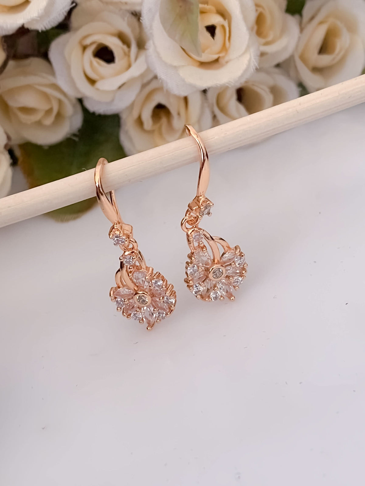 BUY 1 GET 1 FREE -American Diamond Rose Gold Flower Shape Hanging Fancy Earrings - Earrings - Belleza Jewels