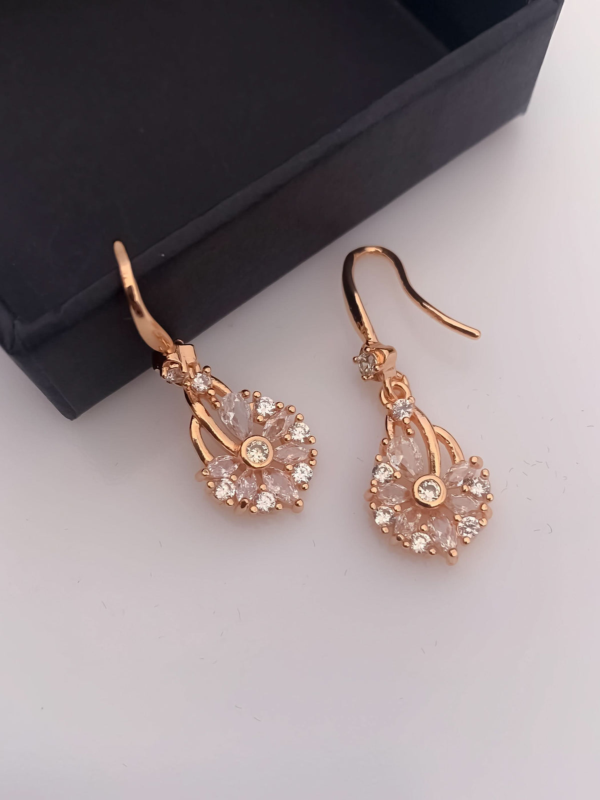 BUY 1 GET 1 FREE -American Diamond Rose Gold Flower Shape Hanging Fancy Earrings - Earrings - Belleza Jewels