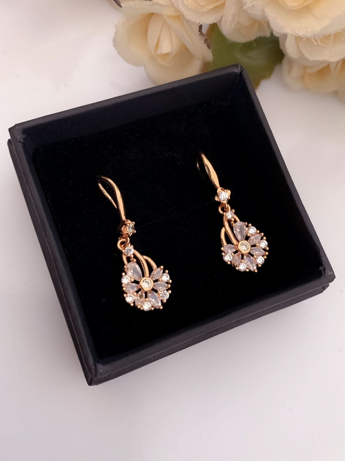 BUY 1 GET 1 FREE -American Diamond Rose Gold Flower Shape Hanging Fancy Earrings - Earrings - Belleza Jewels