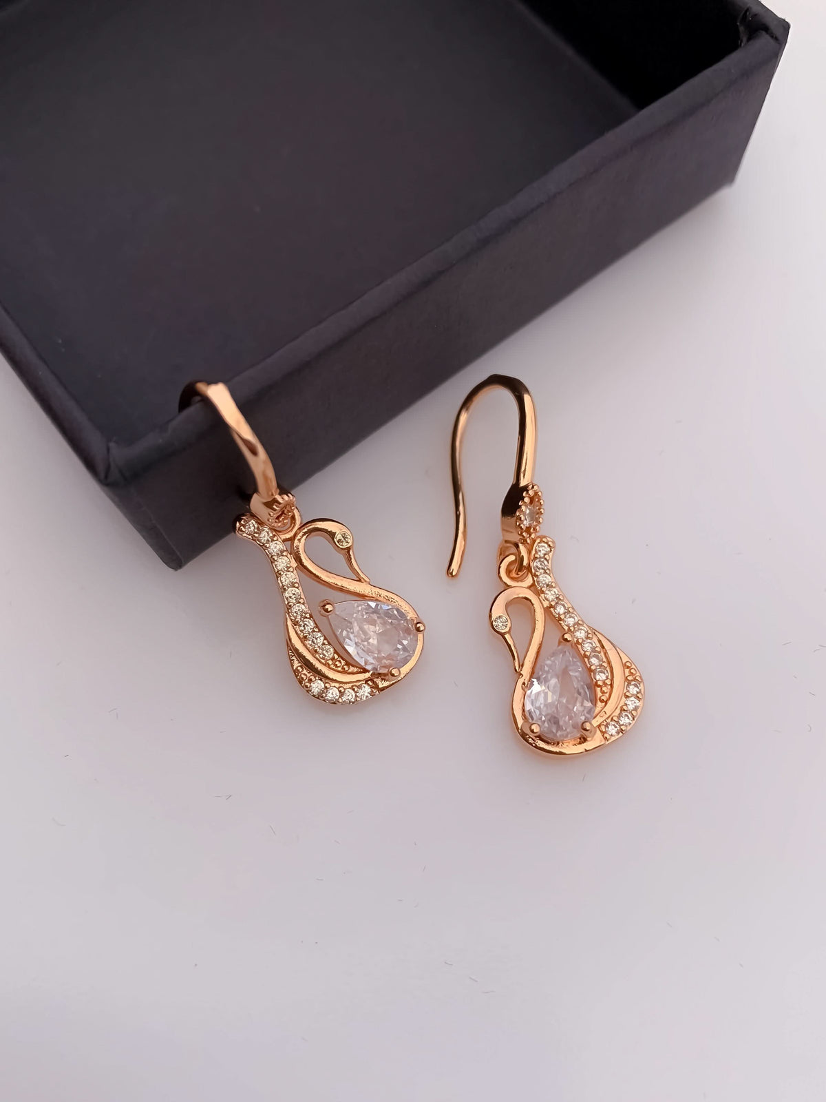 BUY 1 GET 1 FREE -American Diamond Rose Gold Swan Shape Hanging Fancy Earrings - Earrings - Belleza Jewels