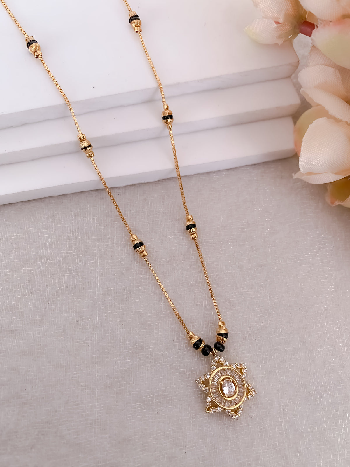 Star Bloom Oval CZ Mangalsutra | Gold Finish Black Beads Necklace