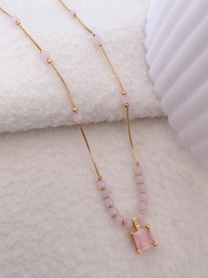 Fancy High Gold Plated Square Shape Pink Stone Chain Pendant