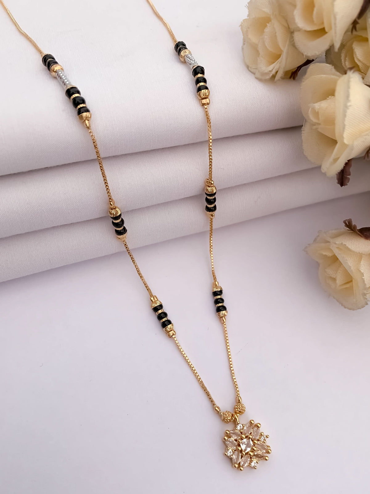 Buy 1 Get 1 Free -Gold Finish Floral CZ Pendant Mangalsutra - Mangalsutra - Belleza Jewels